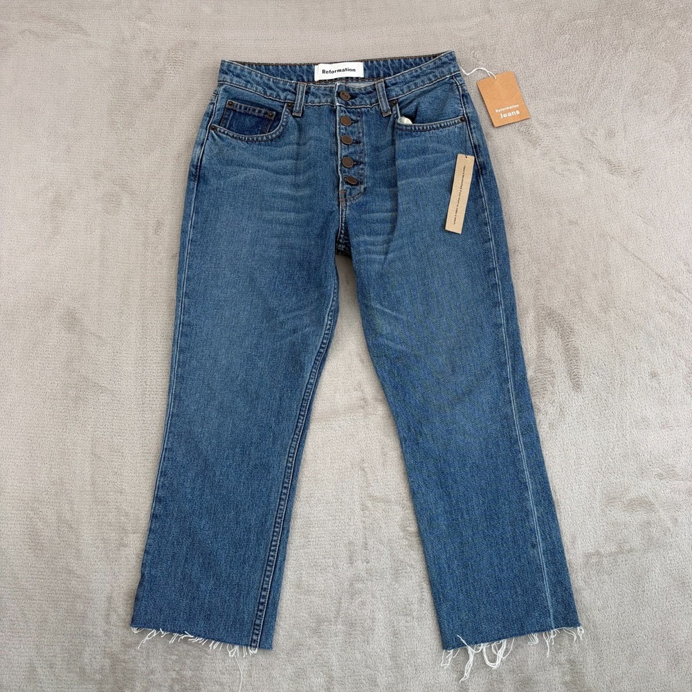 Reformation Winona Slim Fit Jeans in Baltic Women 27P Petite Ankle Fray NWT $128